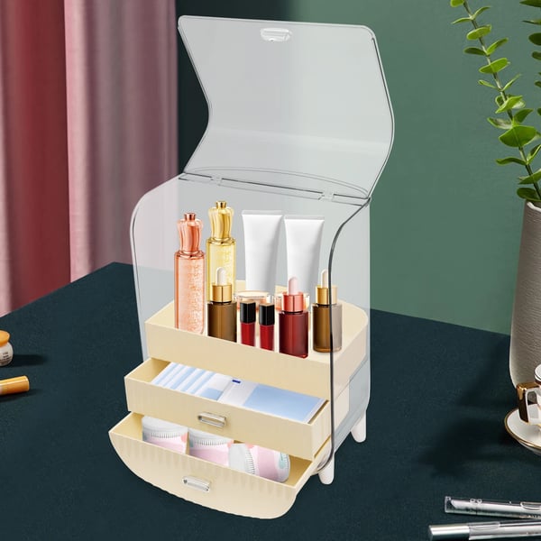 Makeup- og kosmetik opbevaring - Opbevaringsboks med låg - 2 skuffer - PET - 28,5×19×36 cm - Åbning 28,5×21,5 cm - Hvid