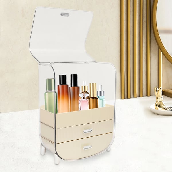Makeup- og kosmetik opbevaring - Opbevaringsboks med låg - 2 skuffer - PET - 28,5×19×36 cm - Åbning 28,5×21,5 cm - Hvid
