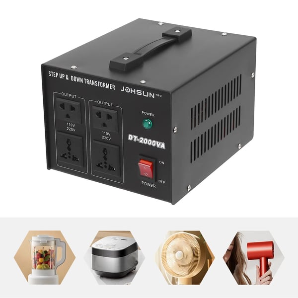 Jännitemuunnin - Step Up/Down -muuntaja DT-2000VA - 110V↔220V - 2000 W - Raskaaseen käyttöön - Musta