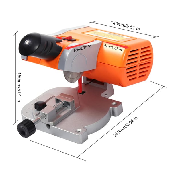 Mini bordsav - Bordrundsav - Effekt 90 W - Gæringssnit 45° - Klinge 5 cm 100T - Snitdybde 1,2 cm - Spænding 110–220 V - Orange/Sort