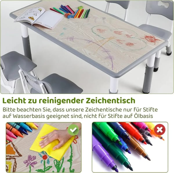 Børnebord og 4 stole - Aktivitets-sæt - Højdejusterbart - 120x60 cm - 5-delt - Plast/Trækomposit - Lysegrå