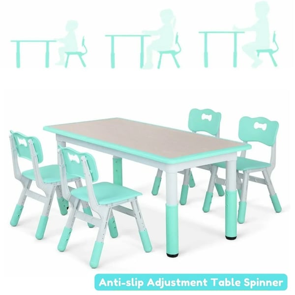 Barnbord och 4 stolar - 5-delat set - Höjdjusterbart - 120x60 cm - Plast/Trä - Himmelblå