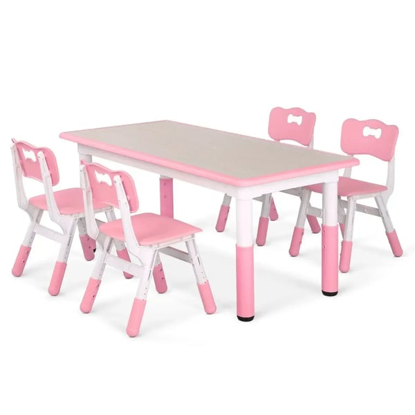 Børnebord med 4 stole - 5-delt sæt - Højdejusterbart - 120x60 cm - Til leg og læring - Plast og træ - Pink