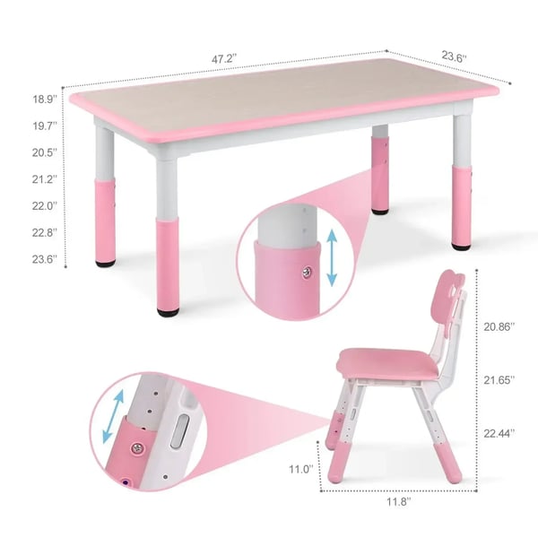 Børnebord med 4 stole - 5-delt sæt - Højdejusterbart - 120x60 cm - Til leg og læring - Plast og træ - Pink