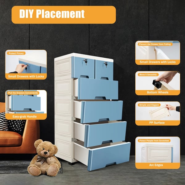 Plastkommode - Kommode Med 5 Skuffer - Mål 102×50×35 cm - Moderne Design - Samling Påkrævet - Blå