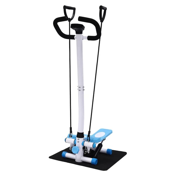 Fitness Stepper - Stepper Med Håndtag - Modstandsbånd 90 cm - Max 150 kg - 29×39×110 cm - Stålramme - Blå/Hvid