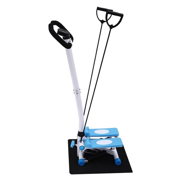 Fitness Stepper - Stepper Med Håndtag - Modstandsbånd 90 cm - Max 150 kg - 29×39×110 cm - Stålramme - Blå/Hvid