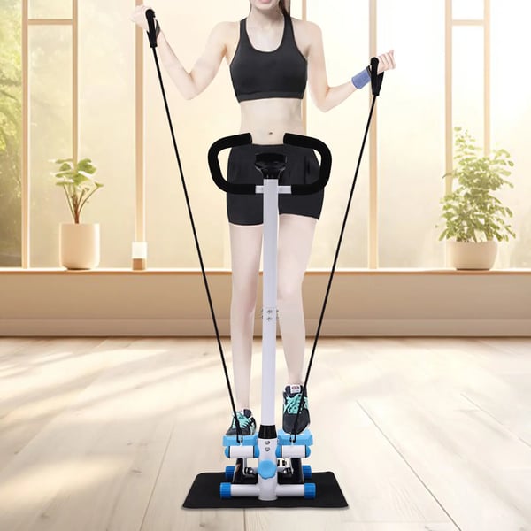 Fitness Stepper - Stepper Med Håndtag - Modstandsbånd 90 cm - Max 150 kg - 29×39×110 cm - Stålramme - Blå/Hvid