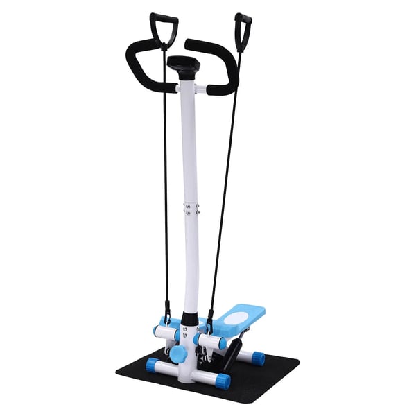Fitness Stepper - Stepper Med Håndtag - Modstandsbånd 90 cm - Max 150 kg - 29×39×110 cm - Stålramme - Blå/Hvid