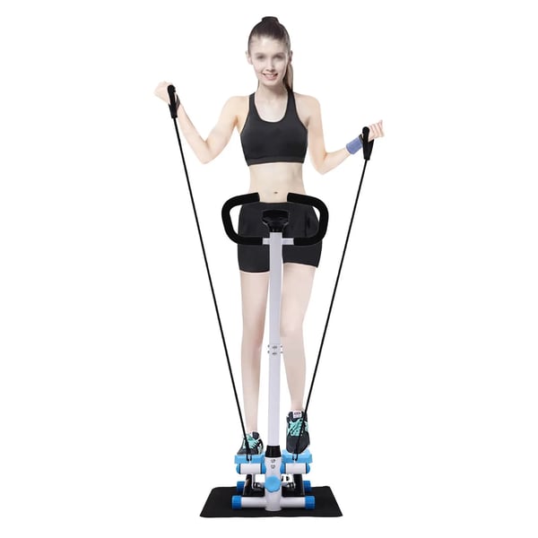 Fitness Stepper - Stepper Med Håndtag - Modstandsbånd 90 cm - Max 150 kg - 29×39×110 cm - Stålramme - Blå/Hvid