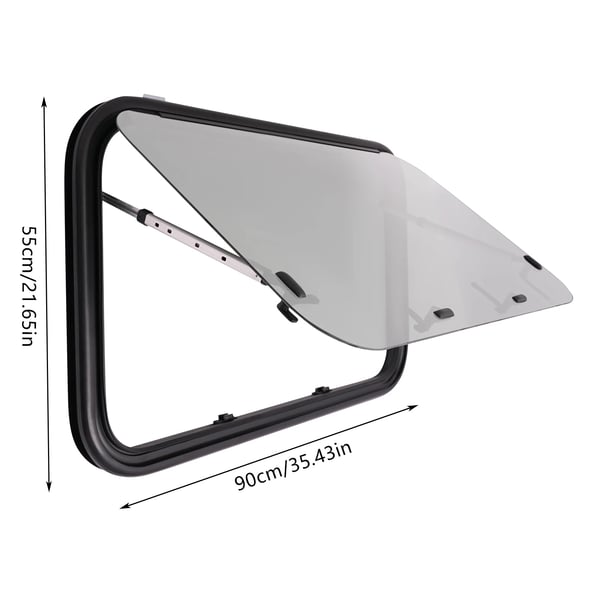 Autocamper/Caravan Vindue - Udslående - 90 x 55 cm - Med mørklægning & myggenet - Exit-vindue til trailer/van - Sort