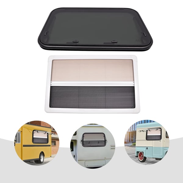 Autocamper/Caravan Vindue - Udslående - 90 x 55 cm - Med mørklægning & myggenet - Exit-vindue til trailer/van - Sort
