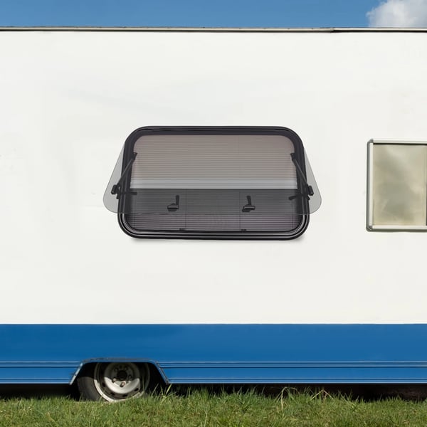 Autocamper/Caravan Vindue - Udslående - 90 x 55 cm - Med mørklægning & myggenet - Exit-vindue til trailer/van - Sort