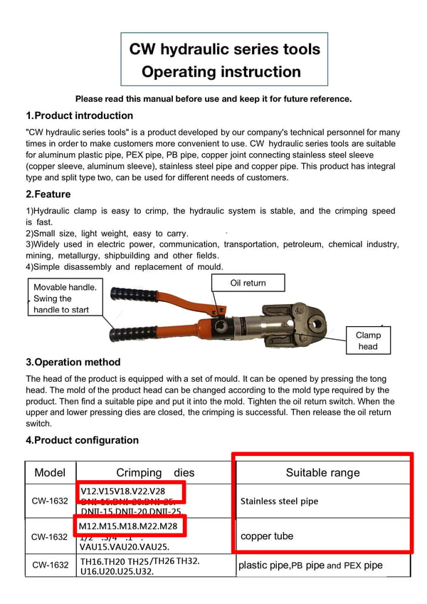 Hydraulisk rørpresstang - CW-1632 - M-profil - 5 pressbakker M12/M15/M18/M22/M28 - Til kobber/rustfrit stål - Med værktøjskasse - Sort