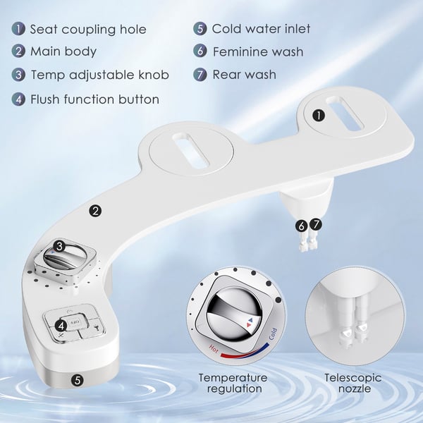 Bidet-tilsats til toilet - Ikke-elektrisk bidet - Venstre sidebetjening - Selvrensende dyse - Varmt og koldt vand - Justerbart tryk - Hvid