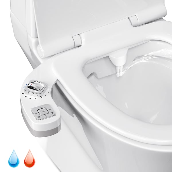 Bidet-tilsats til toilet - Ikke-elektrisk bidet - Venstre sidebetjening - Selvrensende dyse - Varmt og koldt vand - Justerbart tryk - Hvid