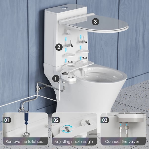 Bidet-tilsats til toilet - Ikke-elektrisk bidet - Venstre sidebetjening - Selvrensende dyse - Varmt og koldt vand - Justerbart tryk - Hvid
