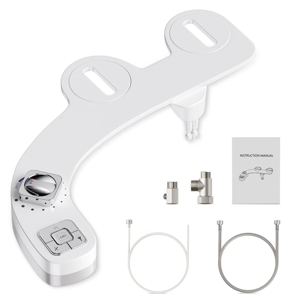 Bidet-tilsats til toilet - Ikke-elektrisk bidet - Venstre sidebetjening - Selvrensende dyse - Varmt og koldt vand - Justerbart tryk - Hvid