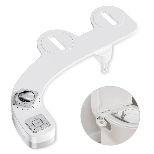 Bidet-tilsats til toilet - Ikke-elektrisk bidet - Venstre sidebetjening - Selvrensende dyse - Varmt og koldt vand - Justerbart tryk - Hvid