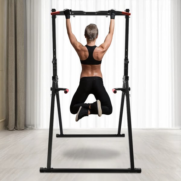 Pull up bar & dipstation - Fritstående stativ - Justerbar højde 1,75–2,3 m - Max 200 kg - Kulstofstål - Størrelse 1,16×1,33 m - Sort