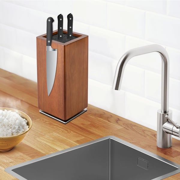 Knivblok - Magnetisk knivholder - 360° Drejbar, Med børsteindsats, Uden knive, 11×11×24,6 cm - Brun