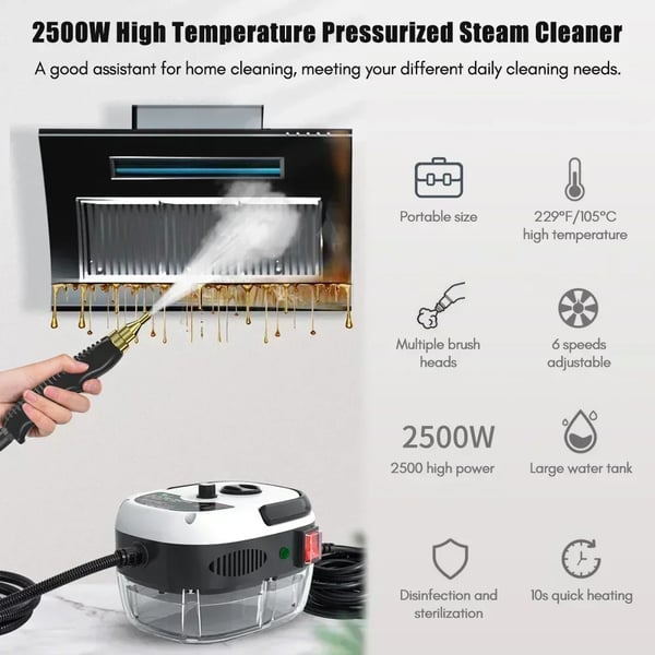 Höyrypuhdistin - Käsikäyttöinen - 2500 W - 220 V EU‑pistoke - 5‑portainen termostaatti - >30 min höyry - >900 ml säiliö - Korkeapainehöyry - Valkoinen
