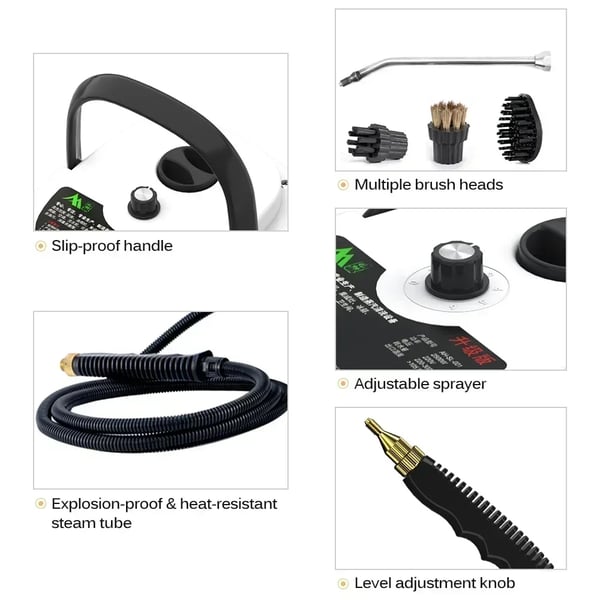 Höyrypuhdistin - Käsikäyttöinen - 2500 W - 220 V EU‑pistoke - 5‑portainen termostaatti - >30 min höyry - >900 ml säiliö - Korkeapainehöyry - Valkoinen