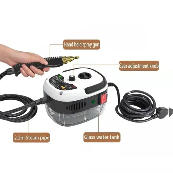 Höyrypuhdistin - Käsikäyttöinen - 2500 W - 220 V EU‑pistoke - 5‑portainen termostaatti - >30 min höyry - >900 ml säiliö - Korkeapainehöyry - Valkoinen