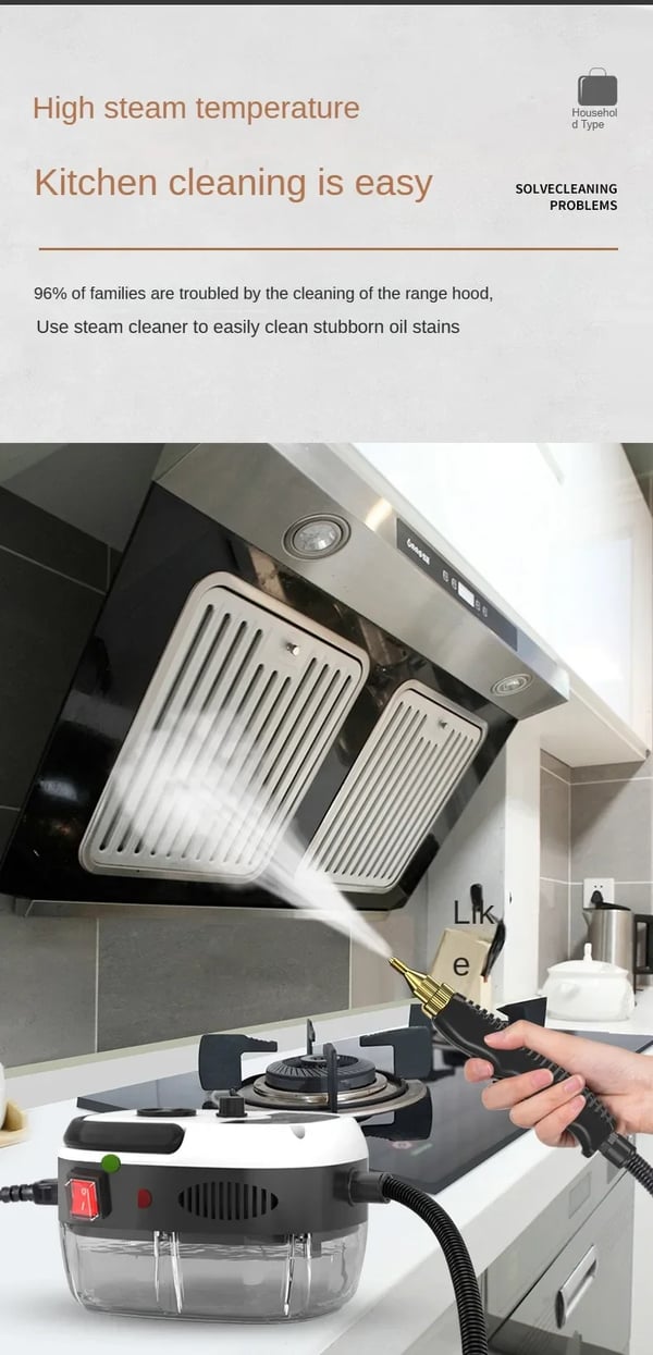 Höyrypuhdistin - Käsikäyttöinen - 2500 W - 220 V EU‑pistoke - 5‑portainen termostaatti - >30 min höyry - >900 ml säiliö - Korkeapainehöyry - Valkoinen