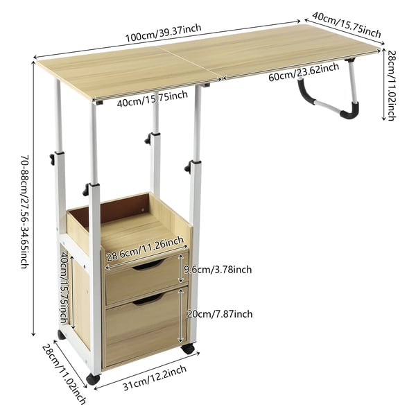 Flytbart sengebord - Højdejusterbart overbed-bord - 70–88 cm - Plade 40x40 cm - Max 20 kg - 2 skuffer - MDF & jern - Lys træ/hvid