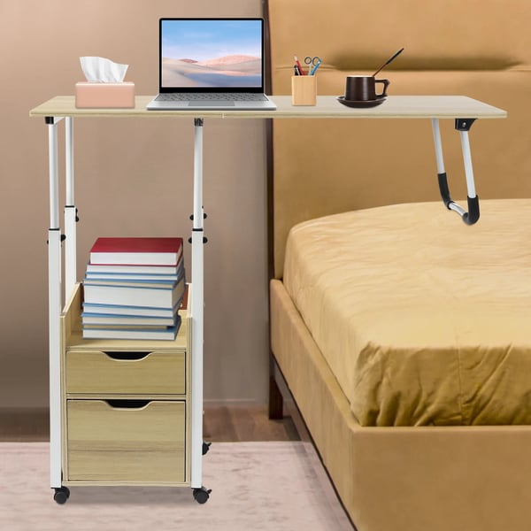 Flytbart sengebord - Højdejusterbart overbed-bord - 70–88 cm - Plade 40x40 cm - Max 20 kg - 2 skuffer - MDF & jern - Lys træ/hvid