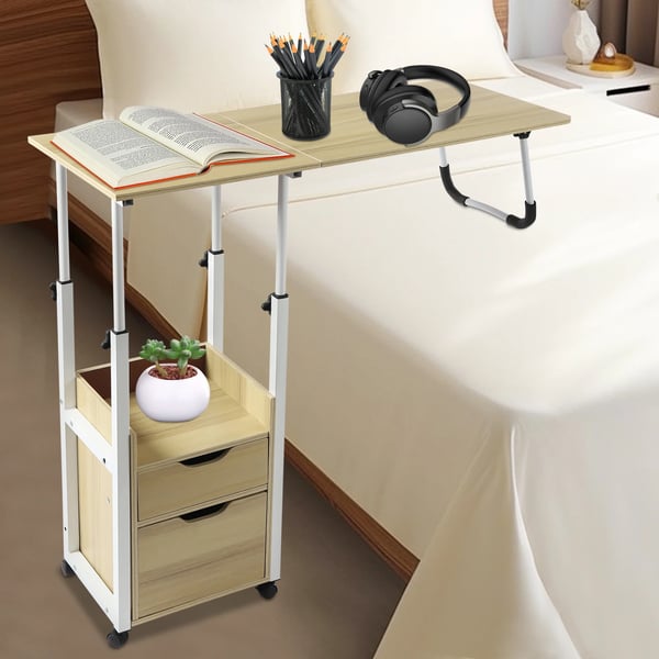 Flytbart sengebord - Højdejusterbart overbed-bord - 70–88 cm - Plade 40x40 cm - Max 20 kg - 2 skuffer - MDF & jern - Lys træ/hvid