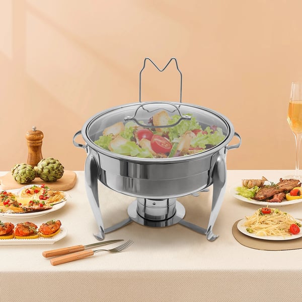 Chafing Dish Buffetvarmer - Rund Spiritusopvarmet - 6 l - Glaslåg - Rustfrit Stål - Til Buffet & Fest