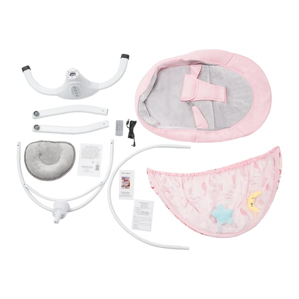 Babyvagga med gungfunktion, justerbar timer & lutning, 3‑punktssele, fjärrkontroll och myggnät, rosa