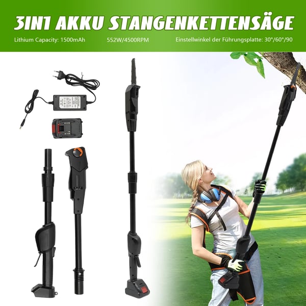 Stangsav - Batteridrevet beskæringssav - Trådløs, genopladelig - 1500 mAh batteri - Standardoplader - 2-delt skaft - Sort