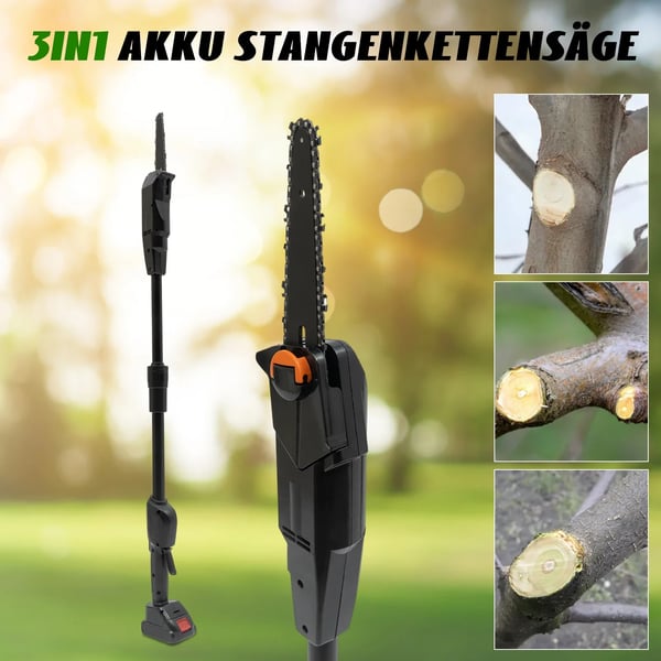 Stangsav - Batteridrevet beskæringssav - Trådløs, genopladelig - 1500 mAh batteri - Standardoplader - 2-delt skaft - Sort