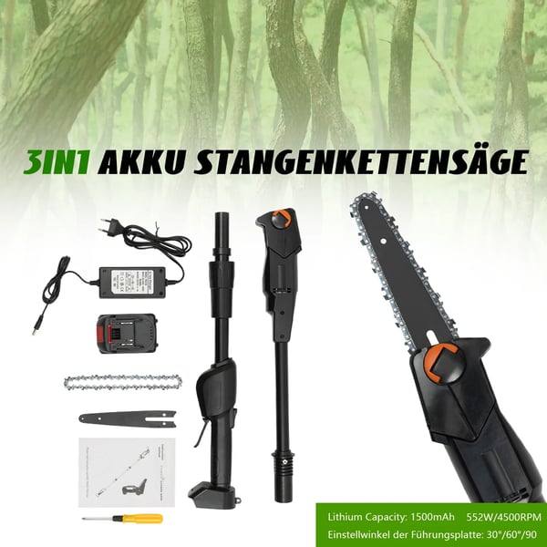 Stangsav - Batteridrevet beskæringssav - Trådløs, genopladelig - 1500 mAh batteri - Standardoplader - 2-delt skaft - Sort