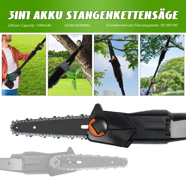 Stangsav - Batteridrevet beskæringssav - Trådløs, genopladelig - 1500 mAh batteri - Standardoplader - 2-delt skaft - Sort
