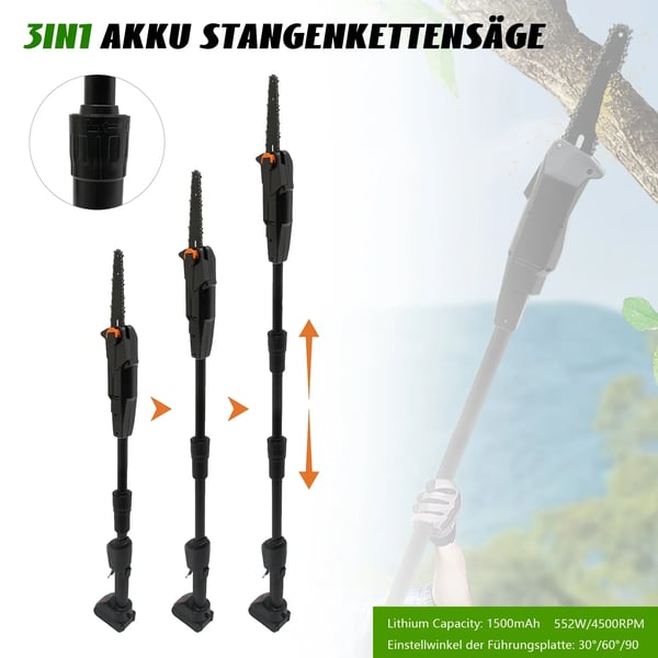 Stangsav - Batteridrevet beskæringssav - Trådløs, genopladelig - 1500 mAh batteri - Standardoplader - 2-delt skaft - Sort