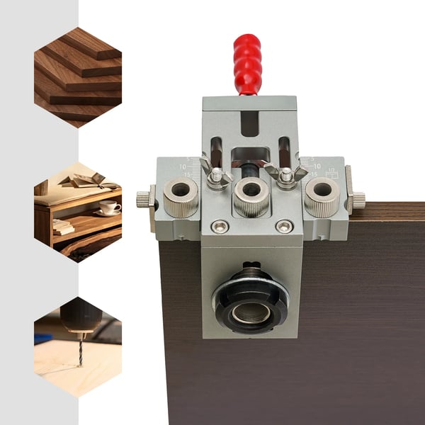 Lommehul-jig - Borejig til træ - Multifunktion 3‑i‑1 - Boreguide - Borsæt 5/8/10 mm - Præcisionsboring - Sølv