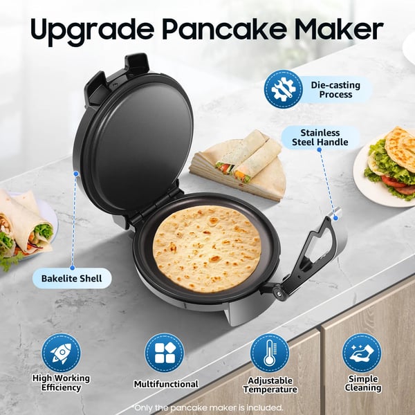 Elektrisk roti- og pandekagepresse - EU-stik - Effekt 1200 W - Dobbeltsidet opvarmning - Non-stick - Max 230 °C - Rustfrit stål - Chokolade