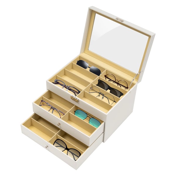 Display- og opbevaringsboks til briller og solbriller, 24 rum, 3 lag, elfenbensfarvet
