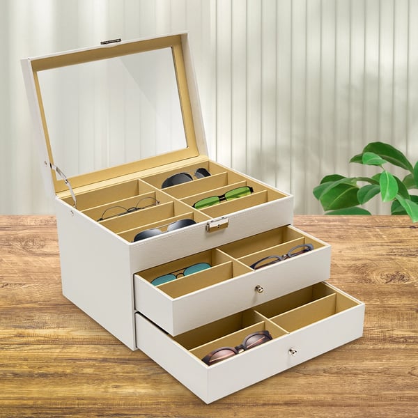 Display- og opbevaringsboks til briller og solbriller, 24 rum, 3 lag, elfenbensfarvet