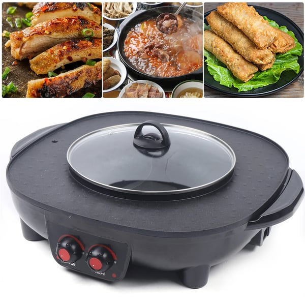 Elektrisk hotpot med grill, 4000 W bordsgryde, 2 effekttrin, 3–4 l, non-stick belægning, til hjemme-BBQ og hotpot