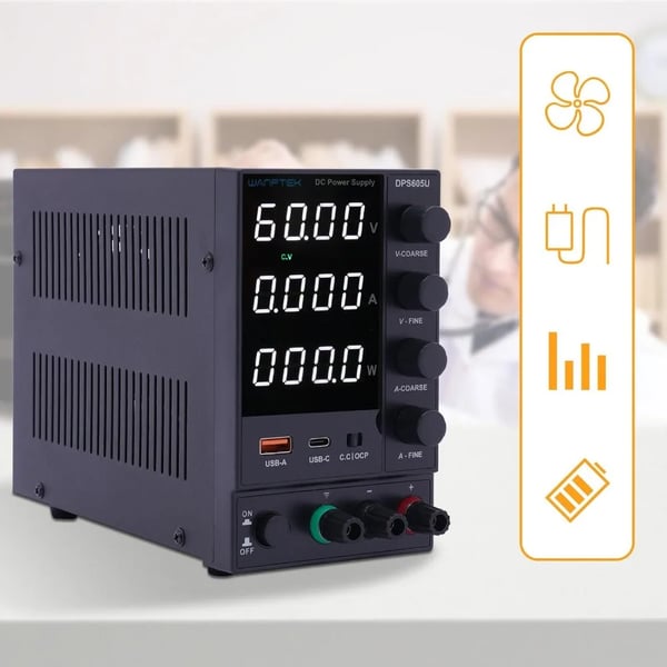 Laboratoriovirtalähde - Säädettävä DC pöytävirtalähde - 0–60 V - 0–5 A - 300 W - LCD-näyttö - USB-lataus - Kompakti - Musta