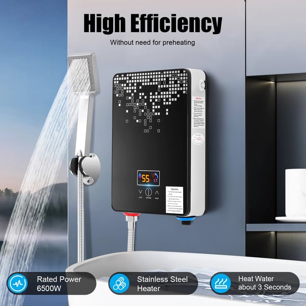 Elektrisk gennemstrømsvandvarmer 6500 W 220 V, køkken-/badeværelsesarmatur, digitalt display, automatisk temperaturstyring, sort