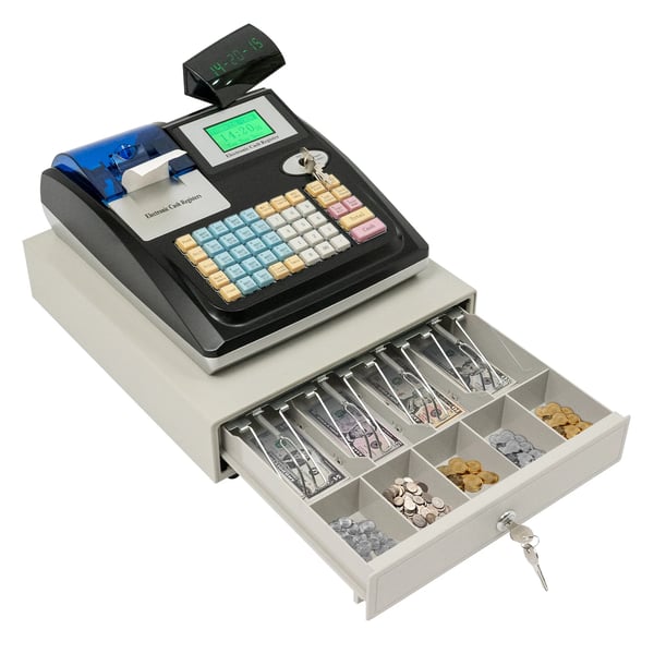 Elektronisk POS-kasseapparat, 48 taster, dobbeltskærm, termisk bonprinter, RS232/USB, sort