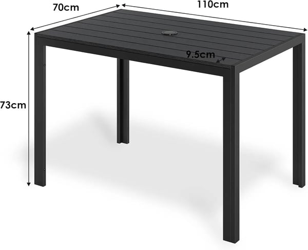 Puutarhapöytä - Ulkoruokapöytä - Aurinkovarjoaukolla - Alumiinirunko - WPC-kansi - Säänkestävä - 110×70×73 cm - Kuudelle henkilölle - Musta