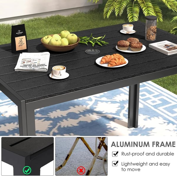 Puutarhapöytä - Ulkoruokapöytä - Aurinkovarjoaukolla - Alumiinirunko - WPC-kansi - Säänkestävä - 110×70×73 cm - Kuudelle henkilölle - Musta