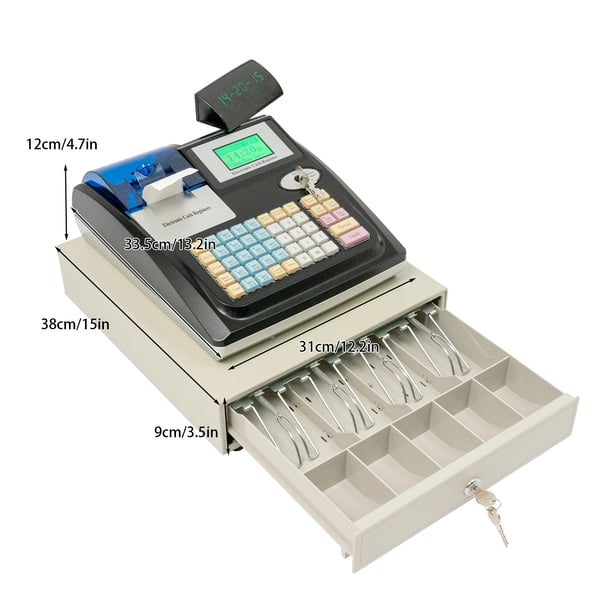 Elektronisk kasseapparat - POS-system - 48 Taster - LED-display - Termisk kvitteringsprinter - Flere betalingsmetoder - Hvid